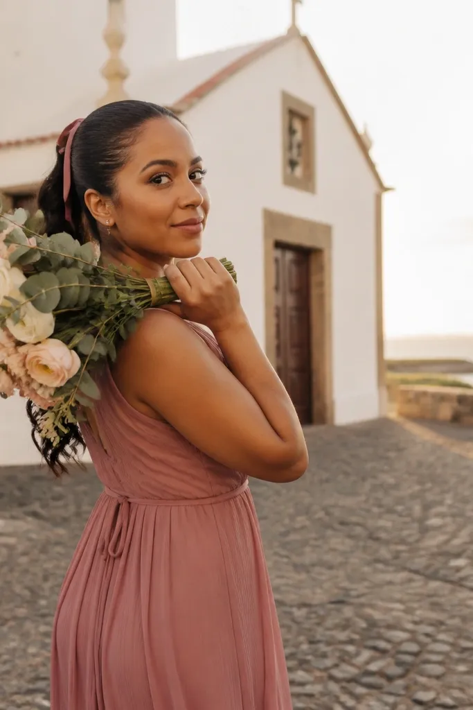 Bridesmaid holding a bouquet over her shoulder, glancing back with a smile