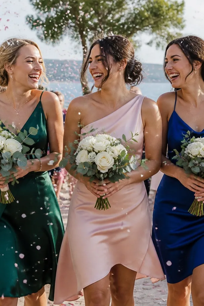 Bridesmaids laughing as confetti falls around them during the celebration