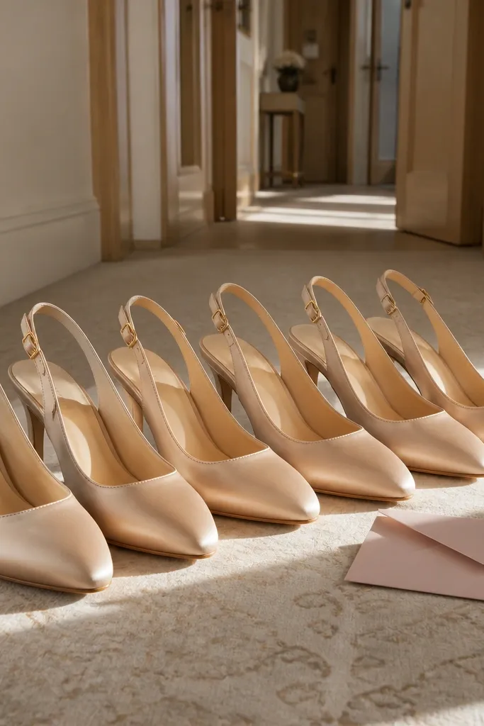 Bridesmaids' shoes lined up on a neutral floor with dress hems