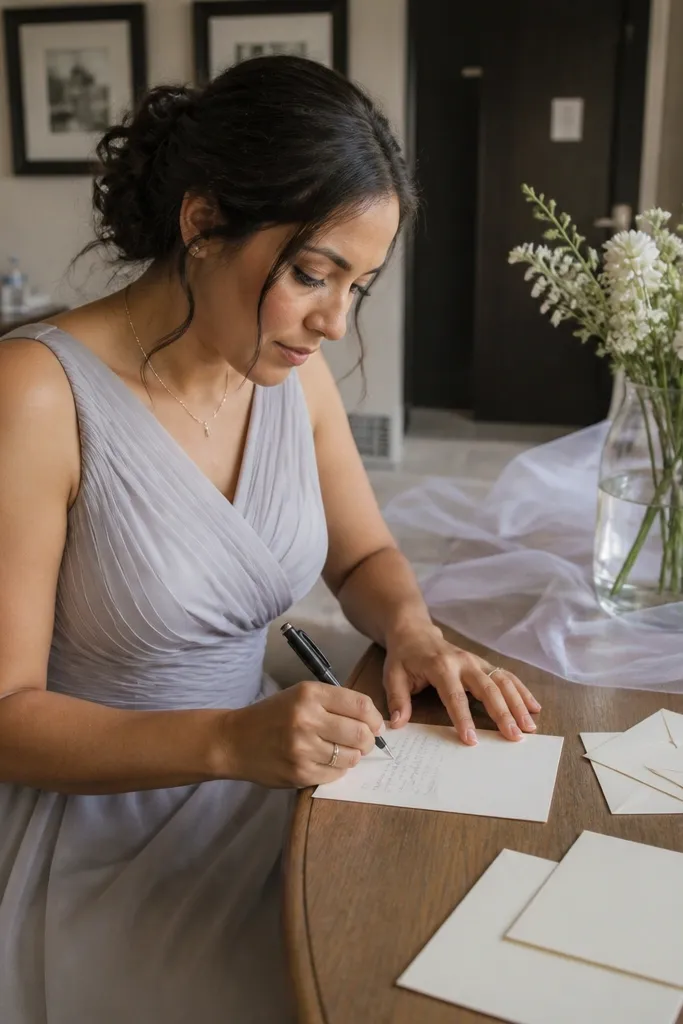 Bridesmaids writing notes on wedding cards at a table with stationery