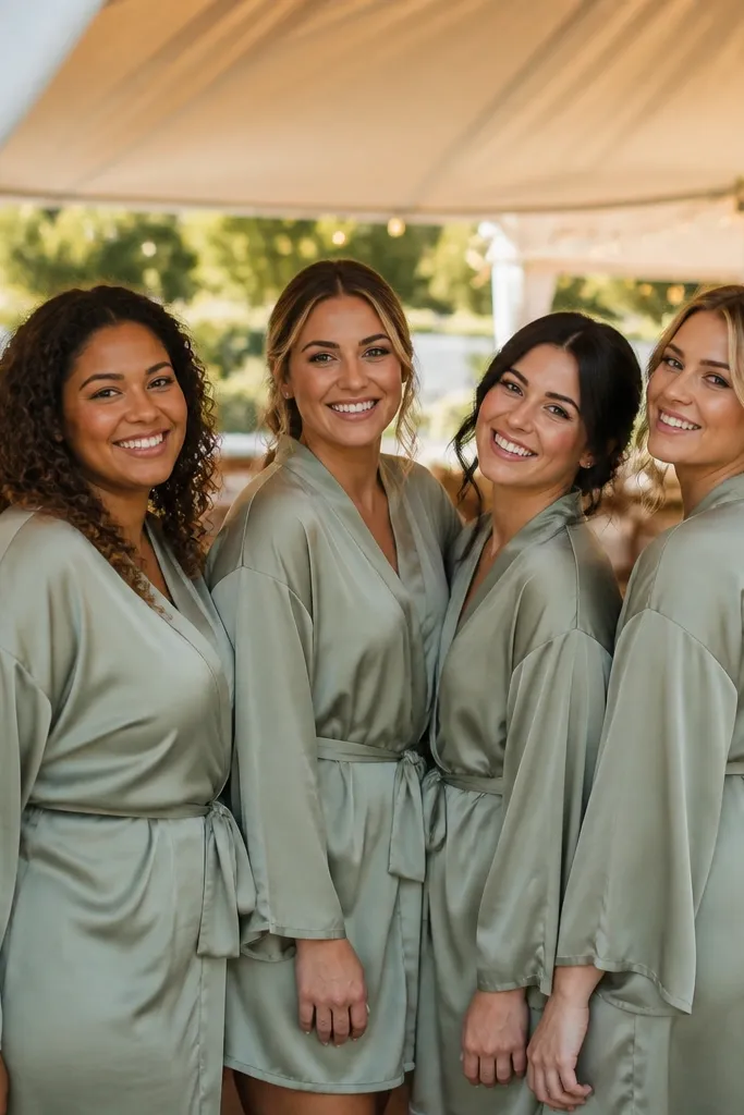 Bridesmaids in matching robes standing under a tent edge with soft shade