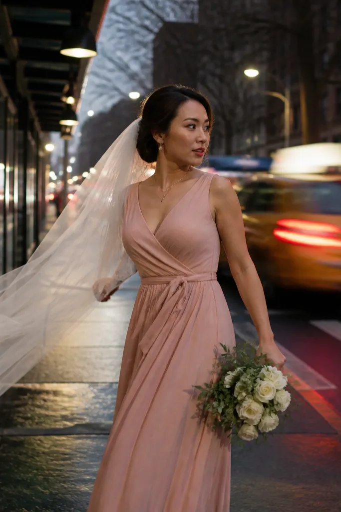 Couple walking on city street with a moving vehicle blur behind