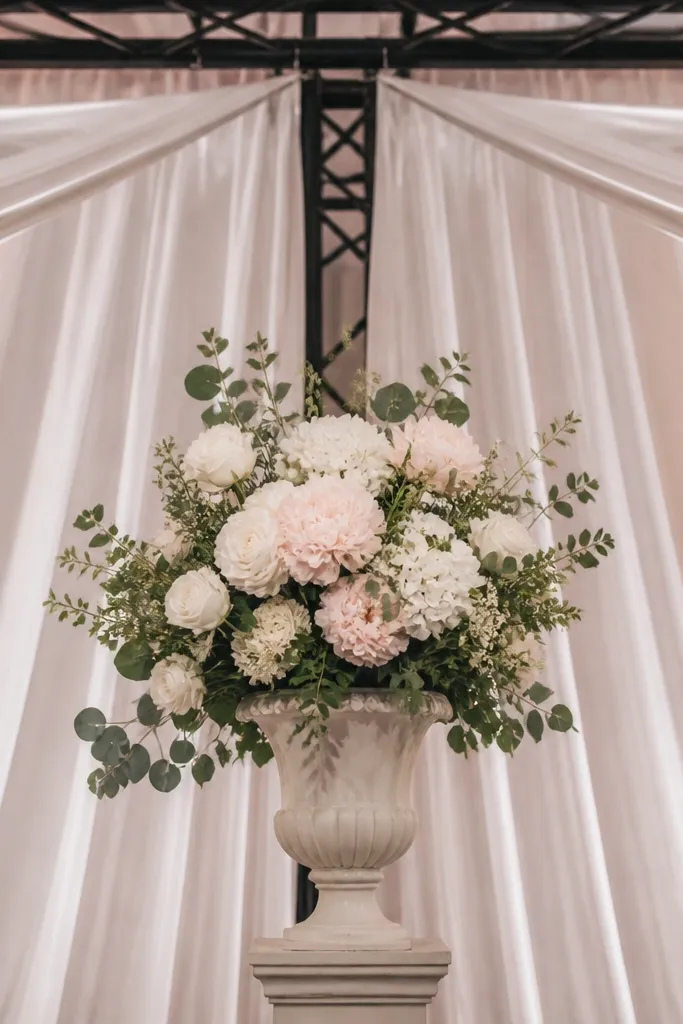 White fabric drape backdrop with a centered floral urn arrangement