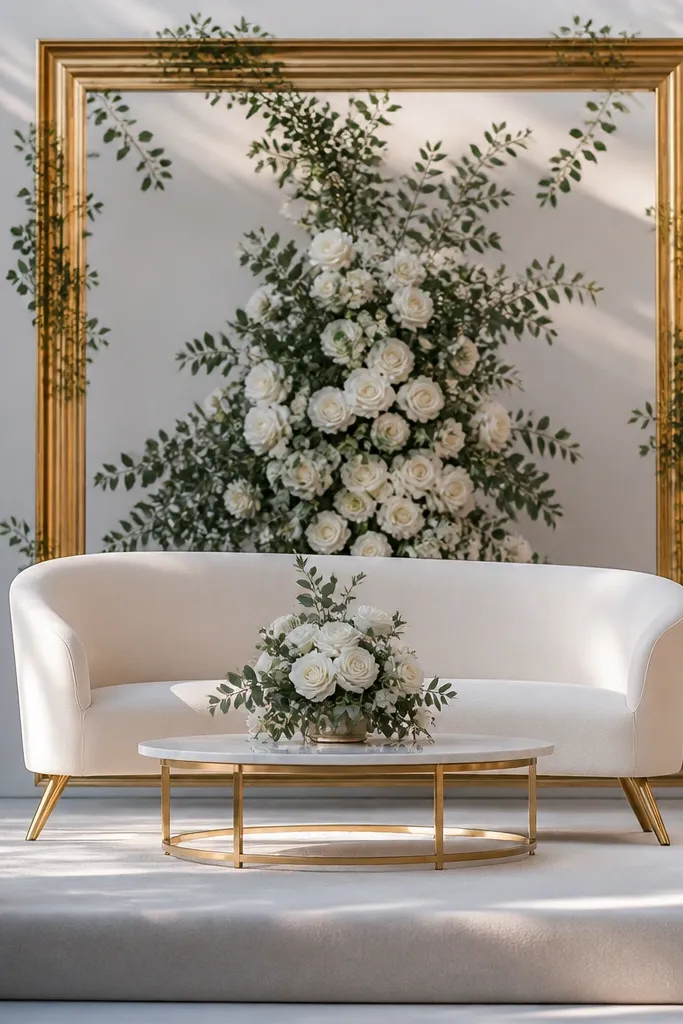 Gold picture-frame style backdrop with white roses and greenery arrangements