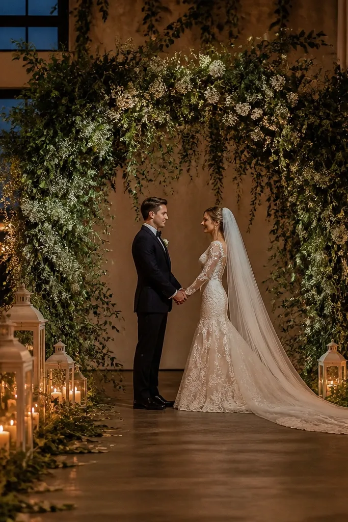 Greenery arch with white lanterns on both sides