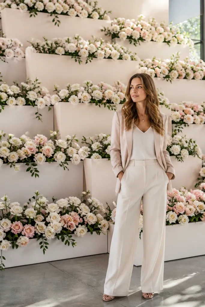 White and blush floral arrangements arranged in a stepped backdrop