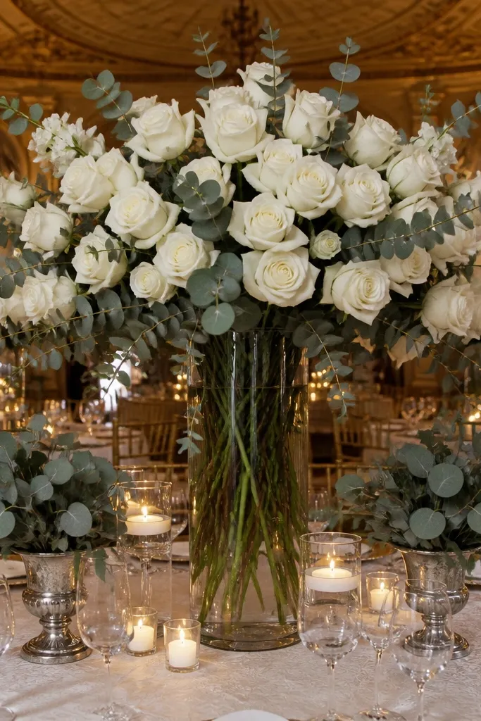 Tall white rose and eucalyptus centerline with two matching side bases