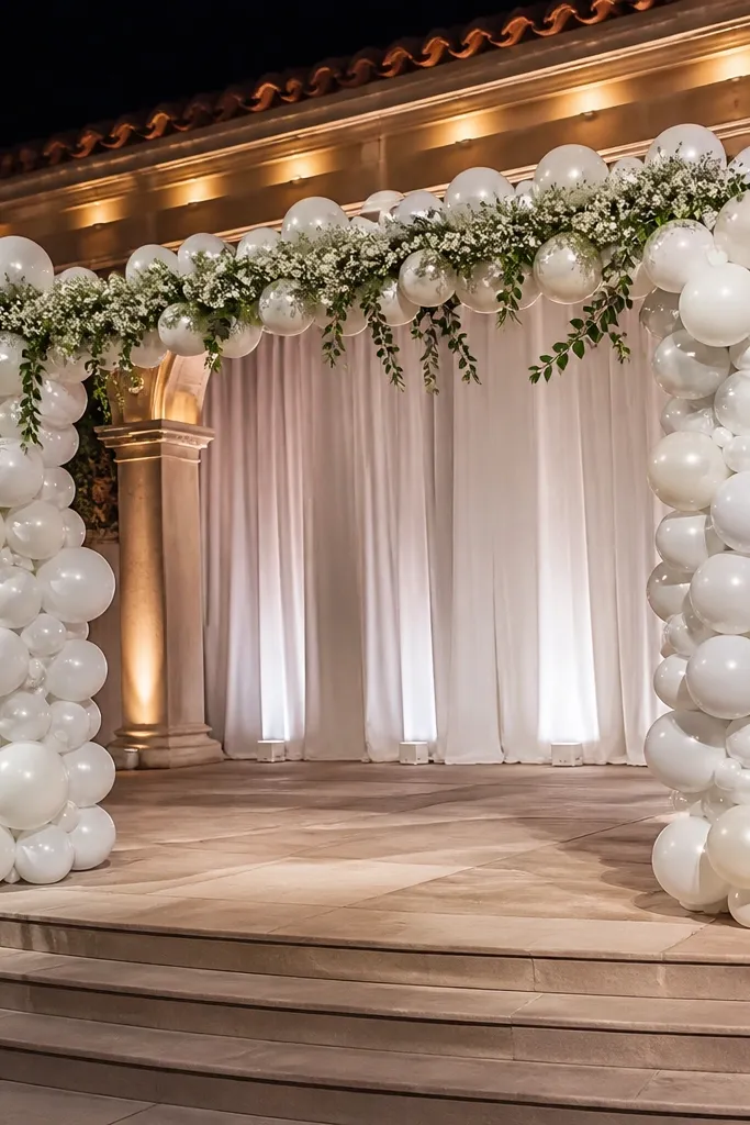 White balloon columns with floral swags draped between them