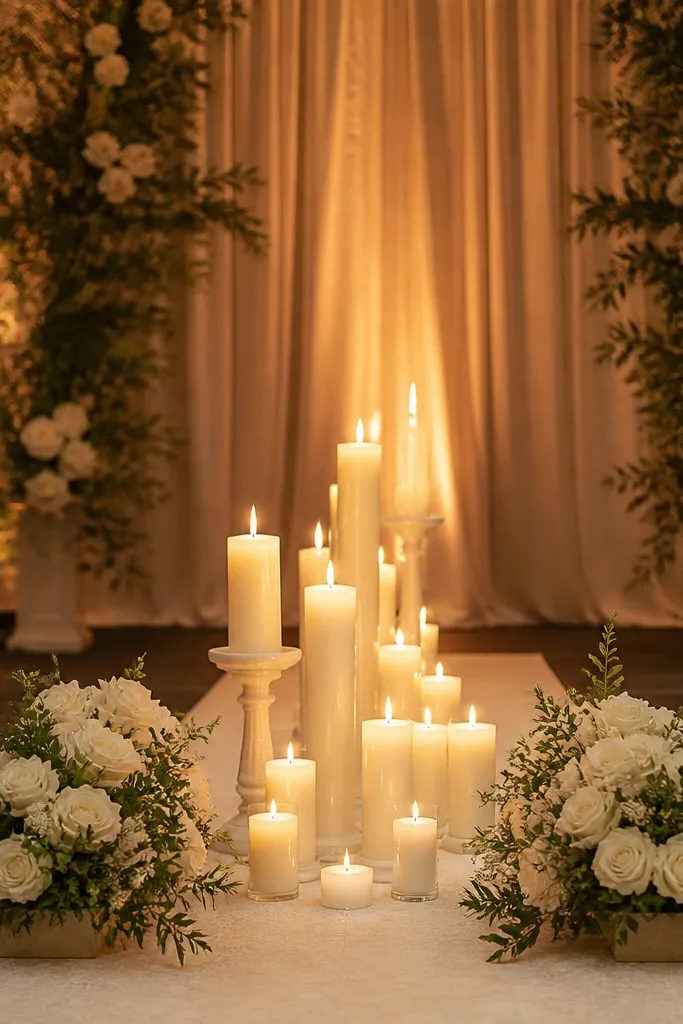 Ivory runner on stage with candles and two low flower blocks