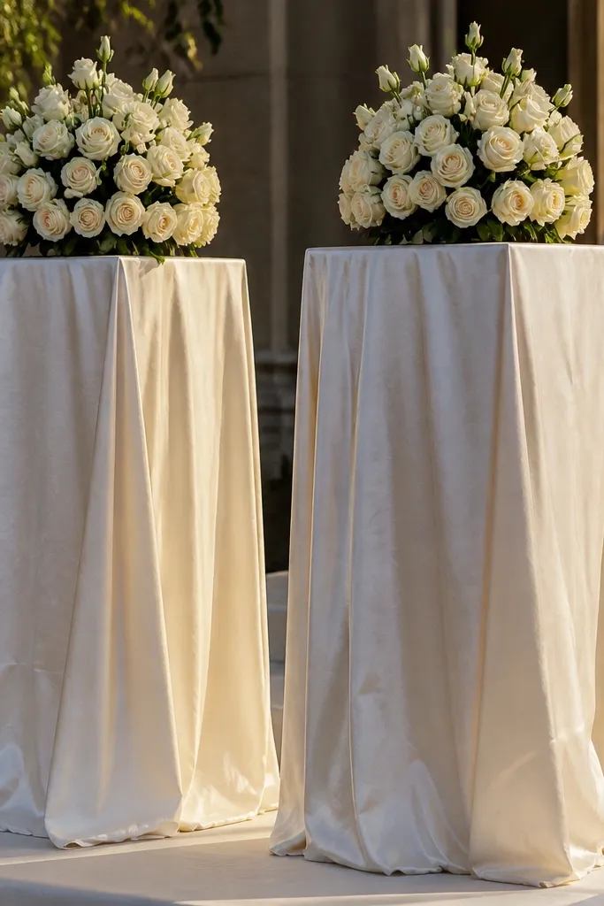 Ivory cloth draped pedestals with small rose sprigs at the top