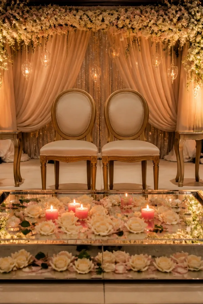 Mirror tray on stage with roses and tea lights creating reflections