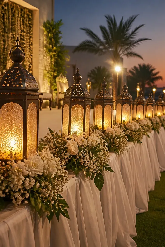 Lanterns in a line with white floral clusters at their base