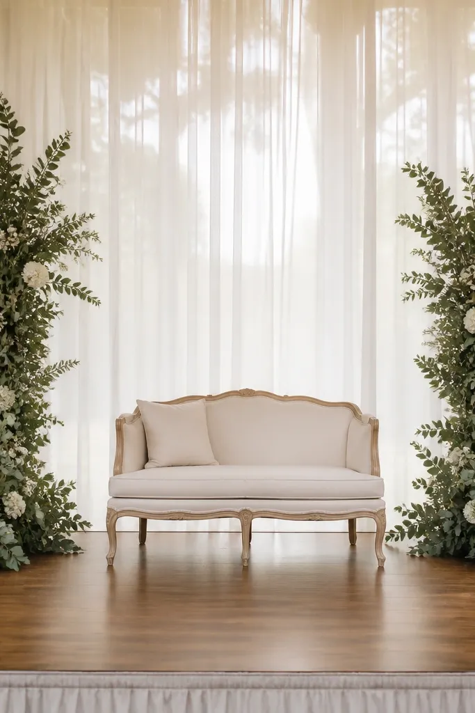 Tall greenery floral corners on both sides of a stage with white accents