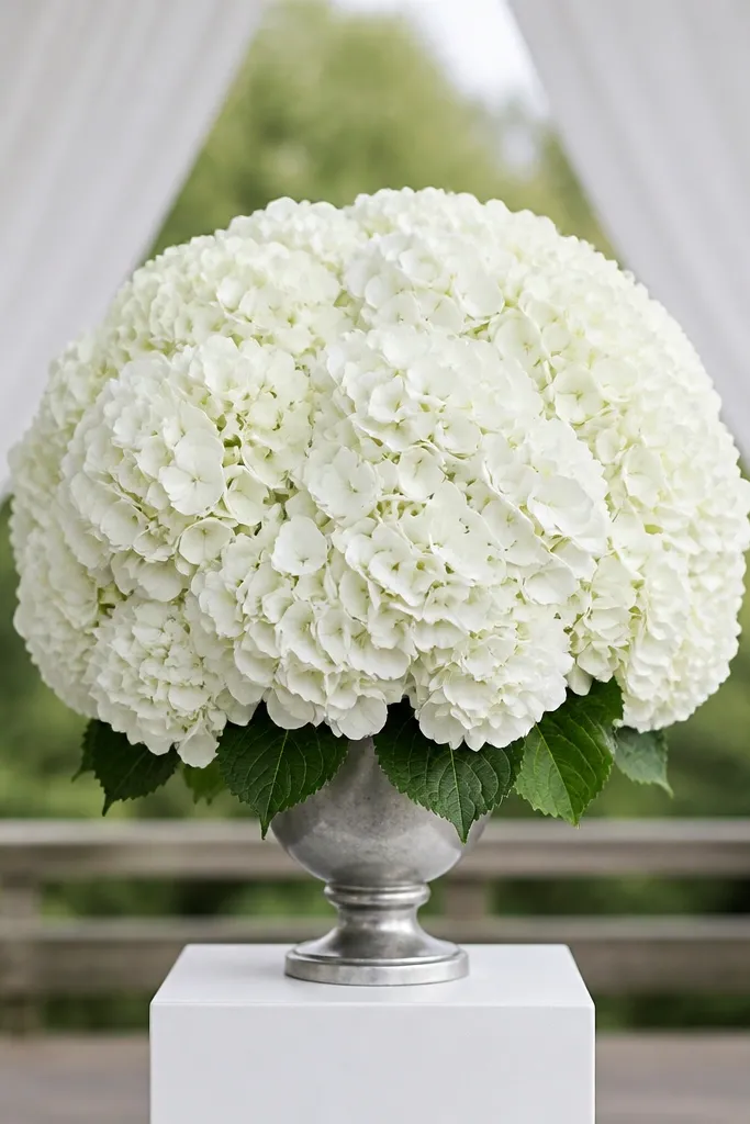 White hydrangea ball cluster centered on stage with greenery base