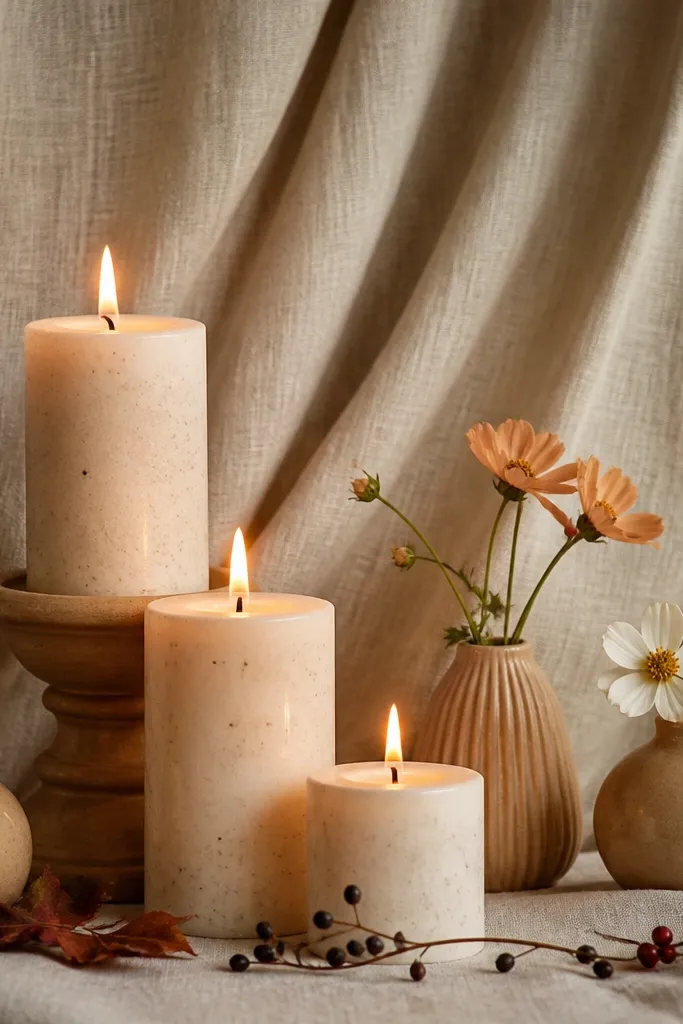 Neutral linen backdrop with stacked candles and small bud vases along the front