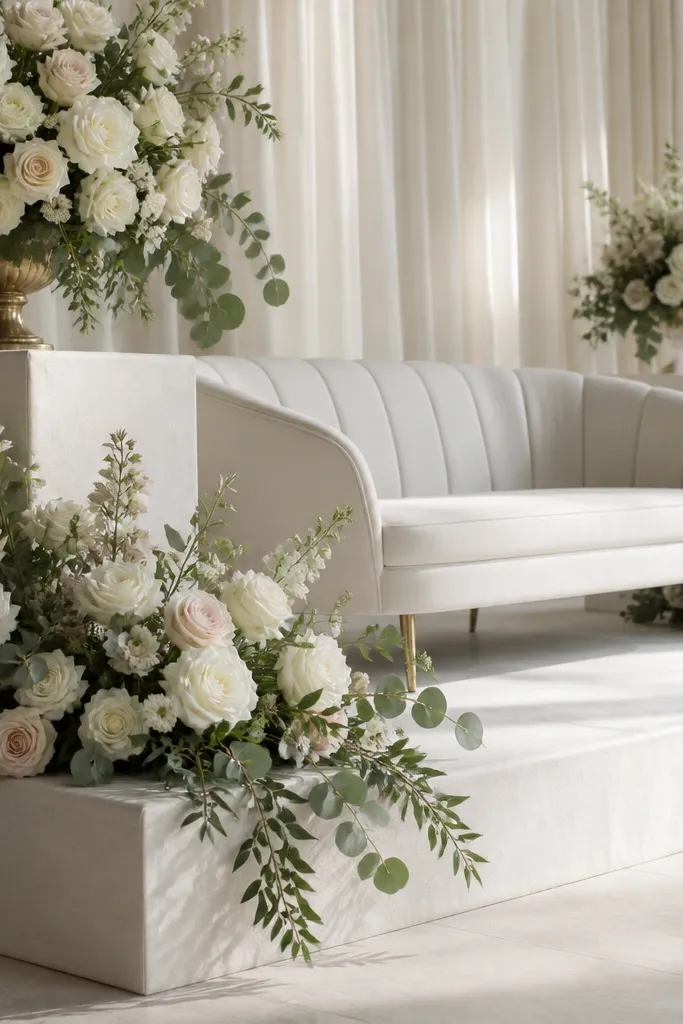 Two-tier pedestal floral arrangement with soft green and ivory roses