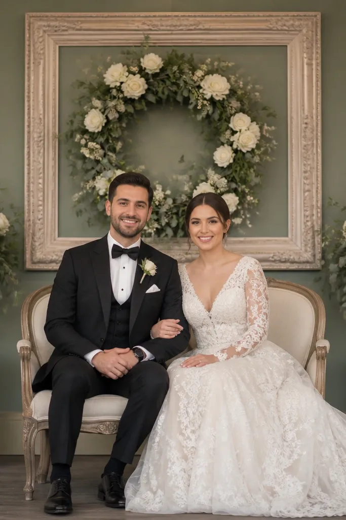 Framed wreath backdrop with two matching side bouquets on stage