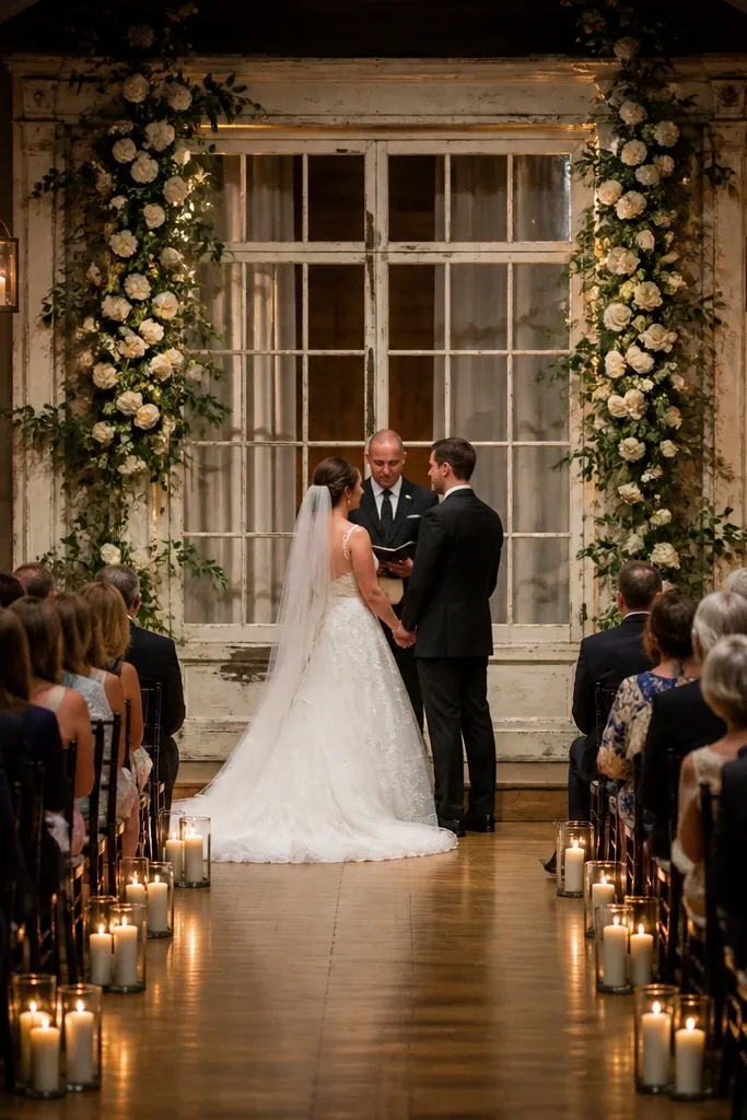A tall vintage window frame with white roses and hanging candle sconces behind the stage