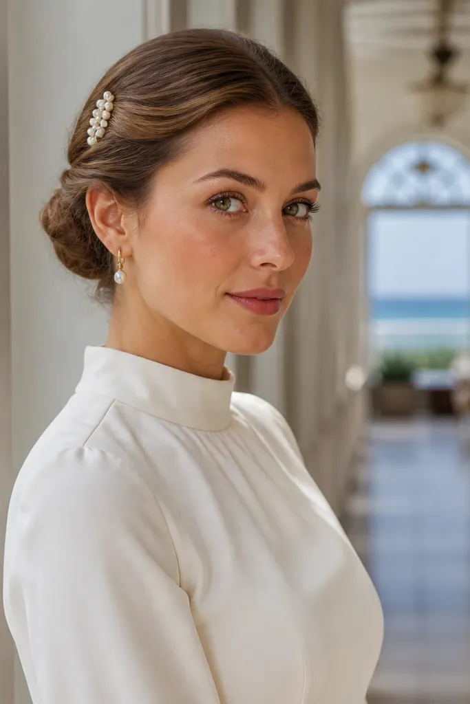 Short hair slicked back into low twists with a pearl clip at the side
