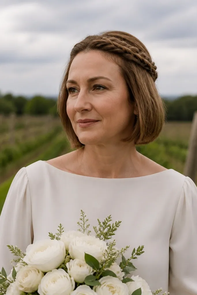 Short hair half-up with small braids forming a crown and pinned back pieces