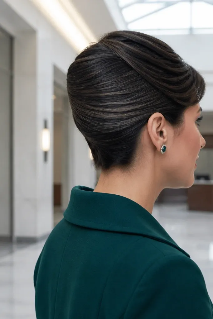 Pixie hair twisted into a tight sculpted bun at the back with pinned volume