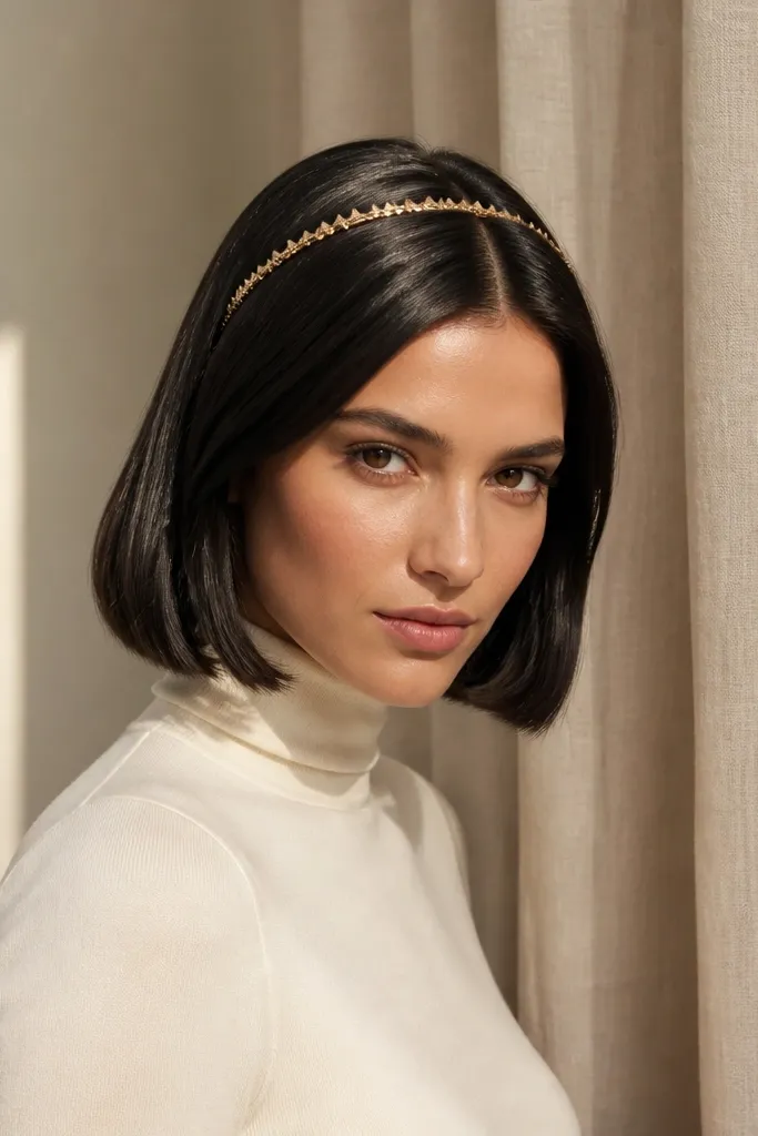 Sleek straight bob with a thin headband across the hairline
