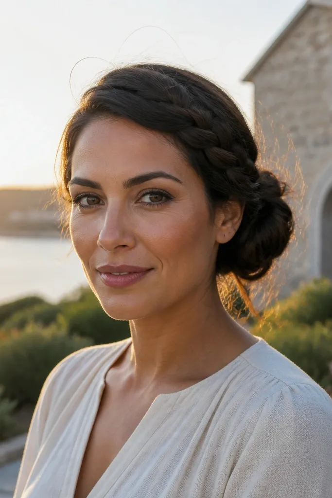Short bob formed into a side bun with a braid wrapped around it