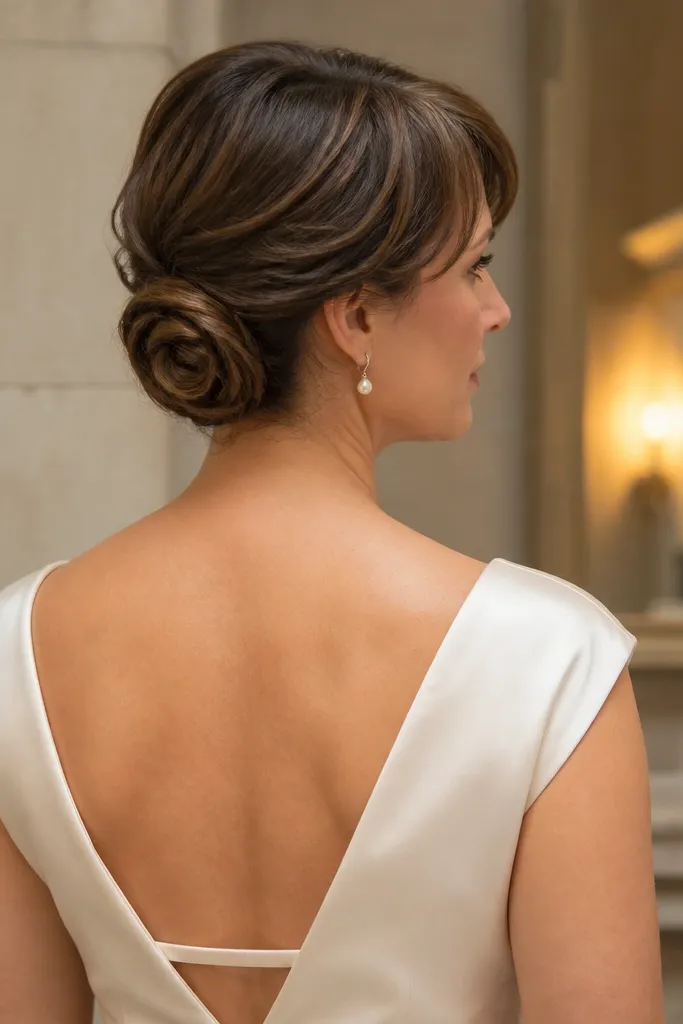 Short hair rolled into a rose-like twist at the nape with soft volume on top