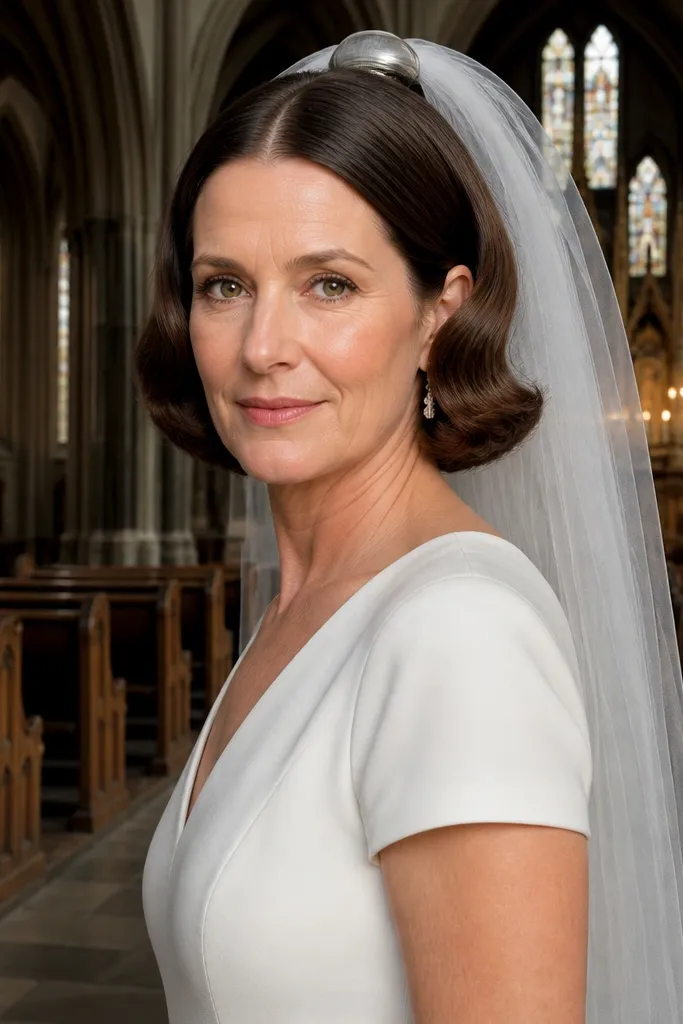 Short center-part hair with sleek waves and a veil clipped near the crown