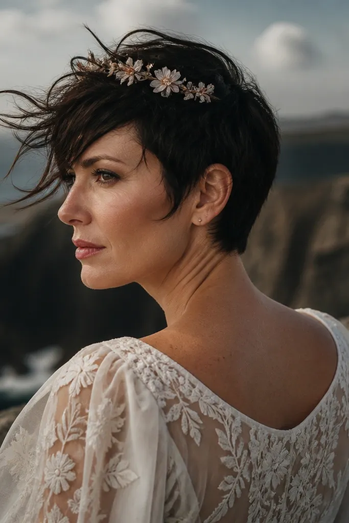 Textured pixie with soft spikes and a small flower pin at the front