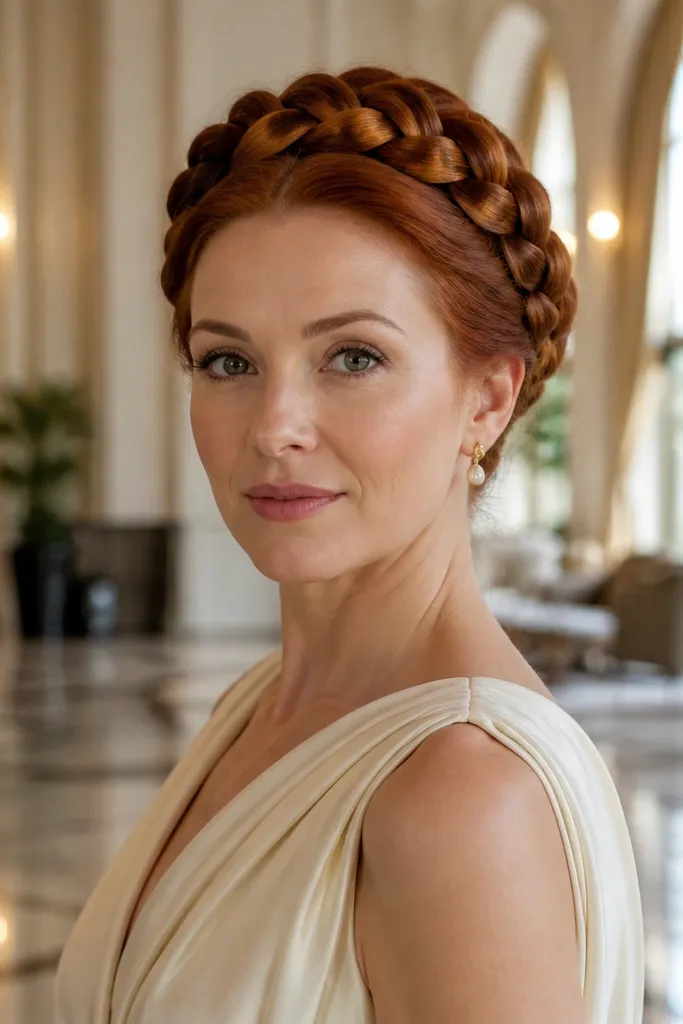 Short bob twisted into a crown shape around the head with pinned ends