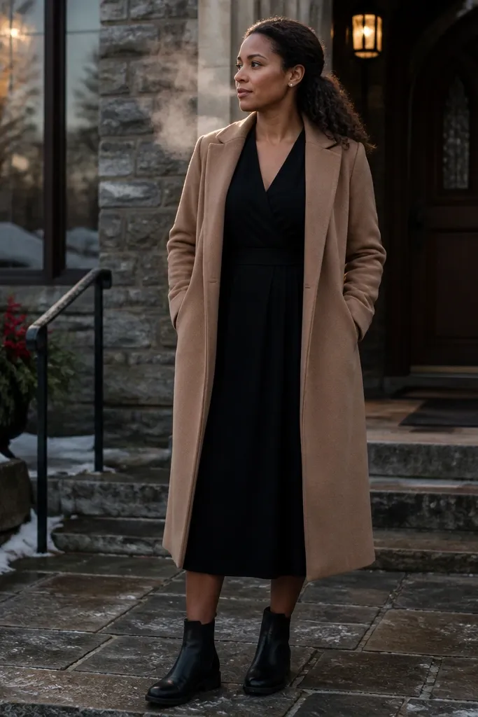 Black crepe midi dress with camel overcoat and black Chelsea boots