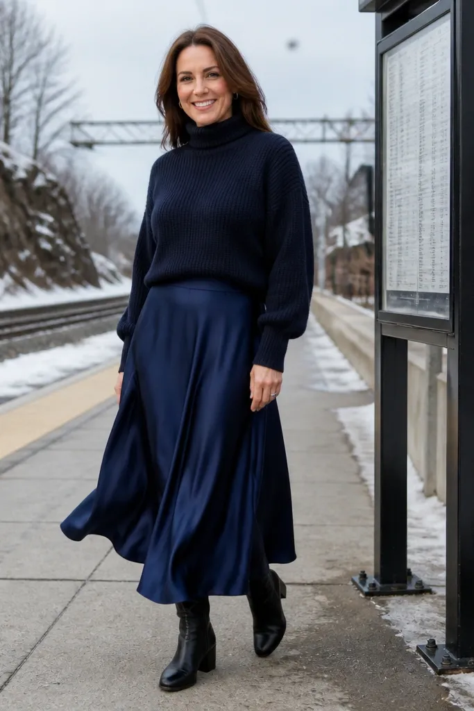 Navy satin-effect skirt with thick knit mock-neck and matte black boots
