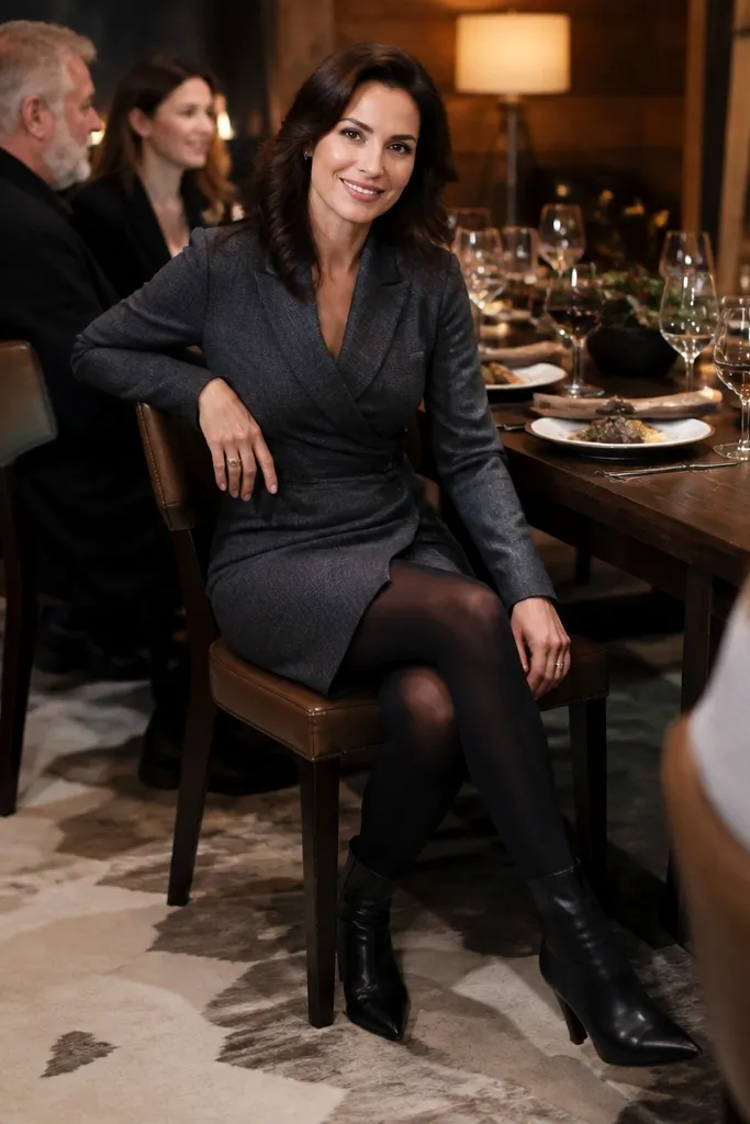 Charcoal suit dress with black tights and pointed ankle boots