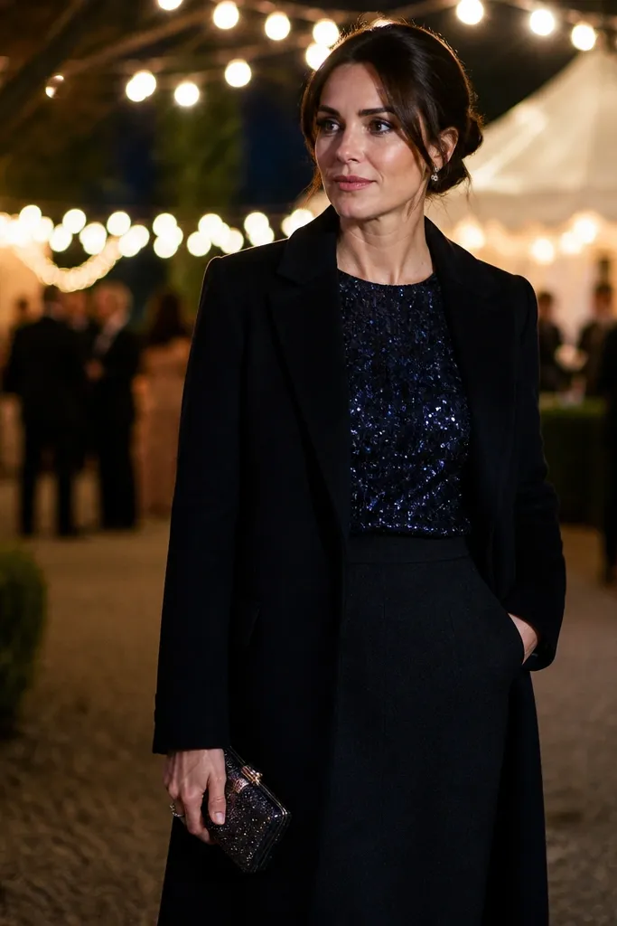 Midnight blue sequin top with dark wool skirt and long black coat