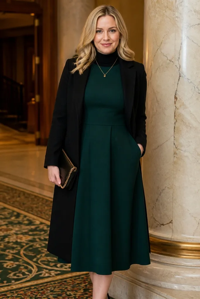Emerald green ponte midi with thin turtleneck and black dress coat