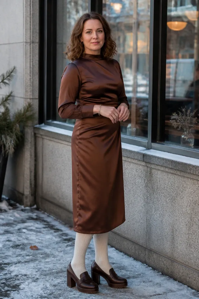 Chocolate brown satin midi with cream tights and chunky heel loafers