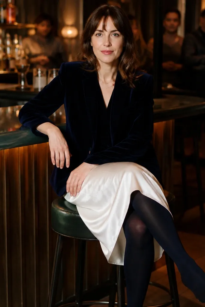 Navy velvet blazer with white satin midi skirt and opaque navy tights