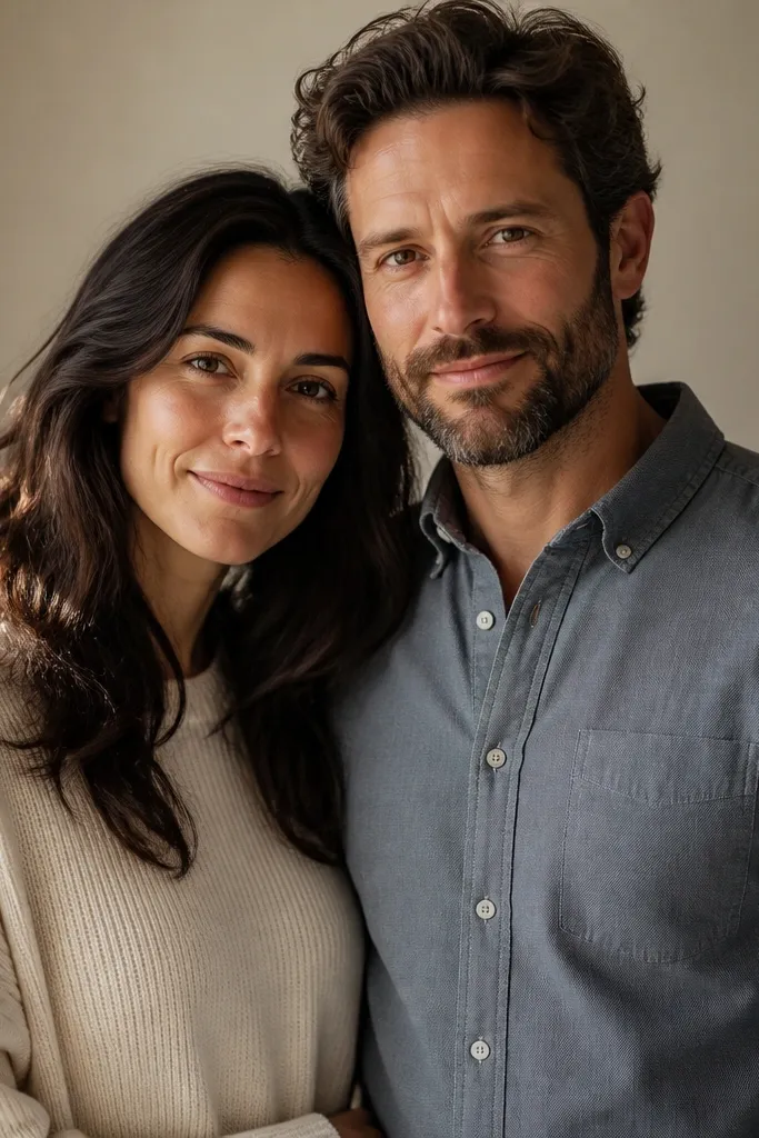 Couple standing in warm window light against a plain wall