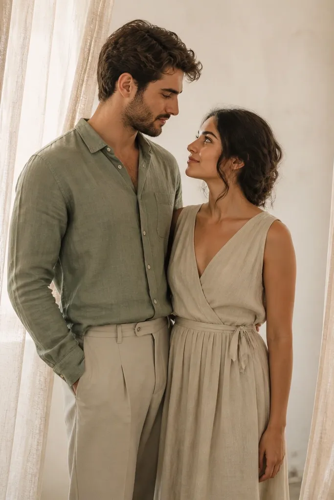 Couple partially framed by sheer linen curtains near a window