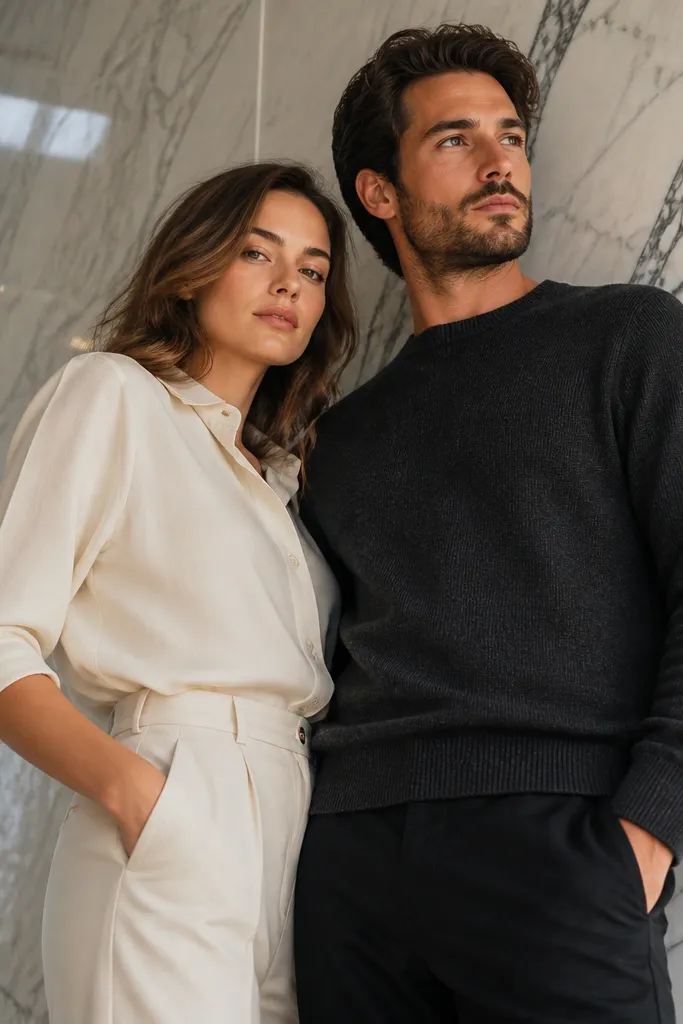 Couple posed against a smooth stone wall with soft lighting