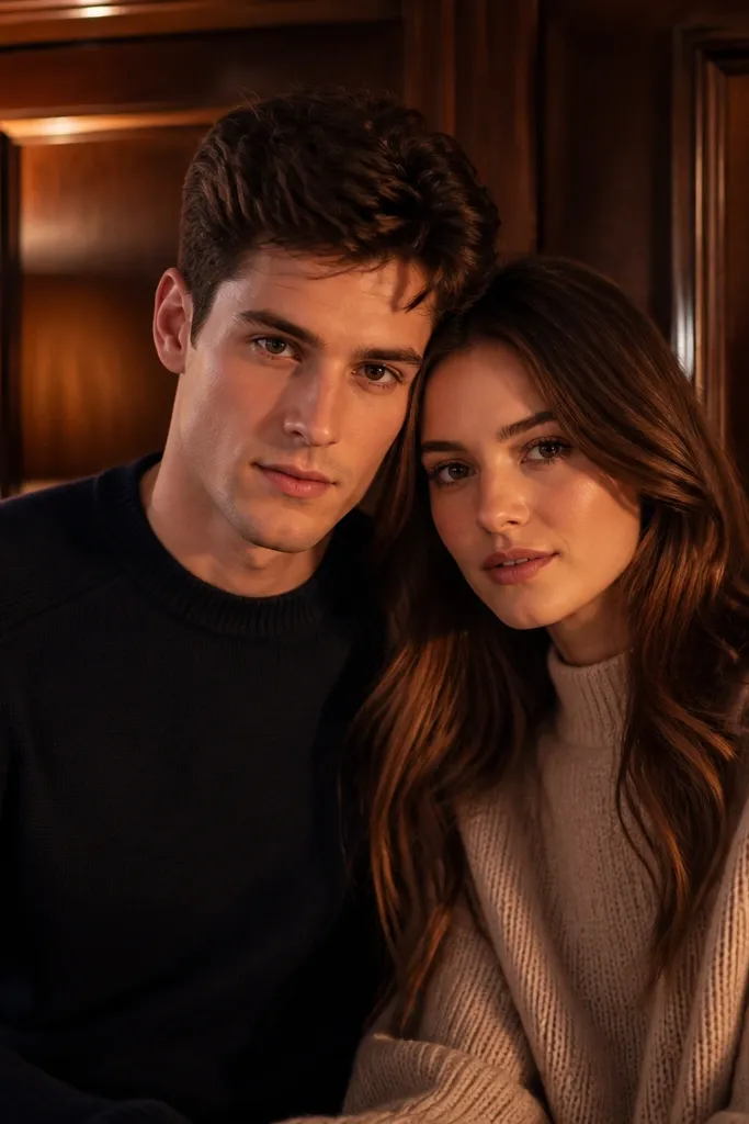 Couple standing in front of dark wood panels with warm lamp light