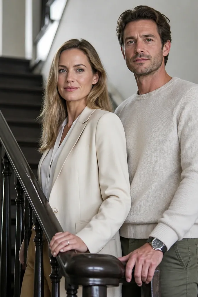 Couple leaning near a staircase banister with one hand on railing
