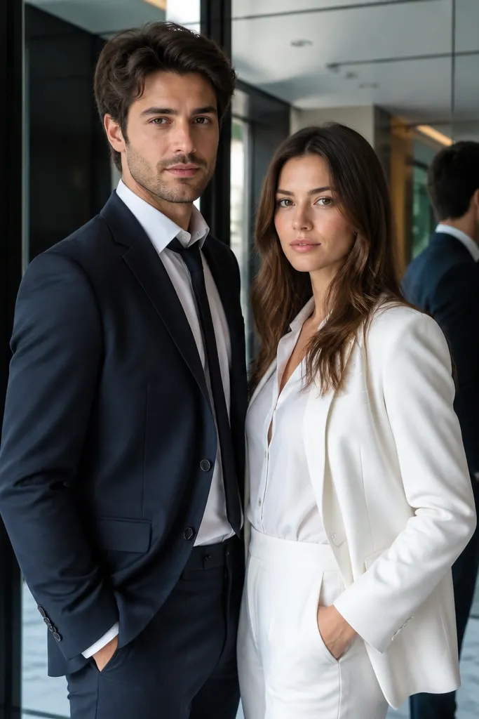 Couple near a glass door with soft reflections behind them