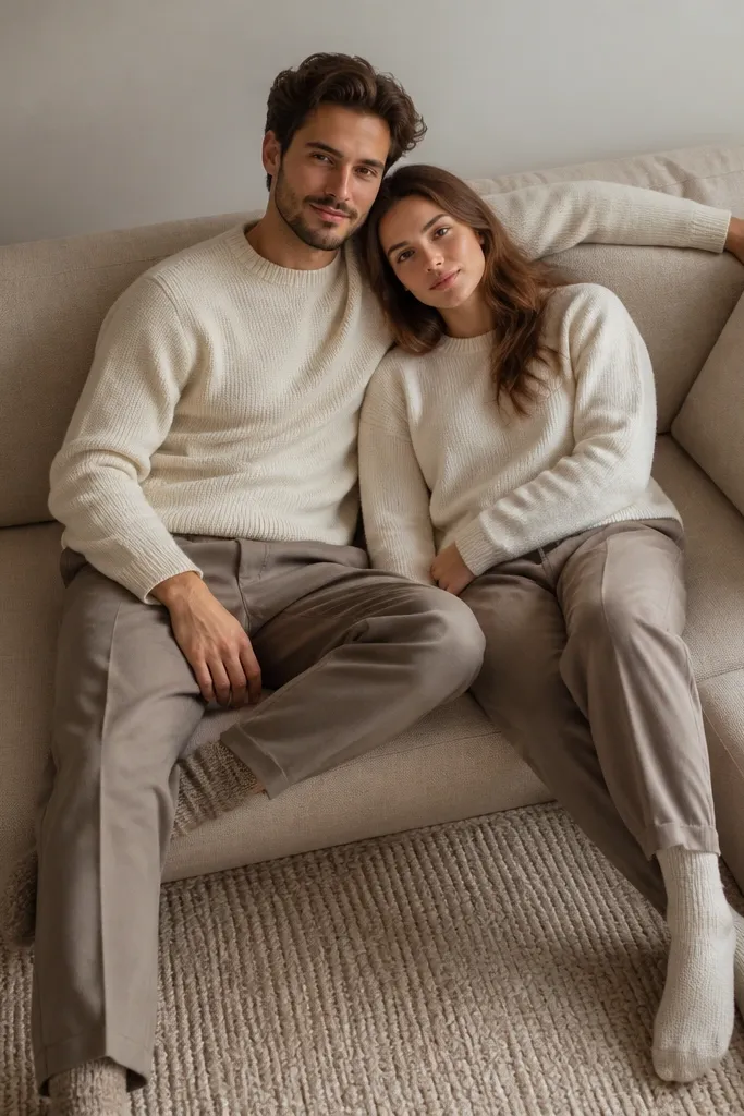 Couple seated on a neutral sofa with a simple rug background
