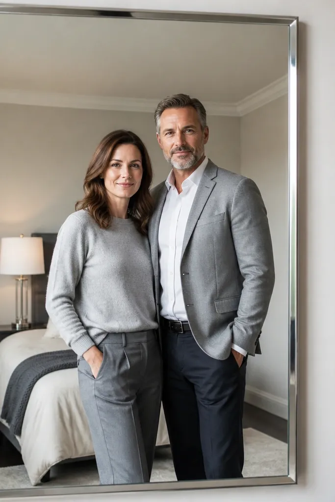 Couple posed with a mirror reflecting soft light and calm background