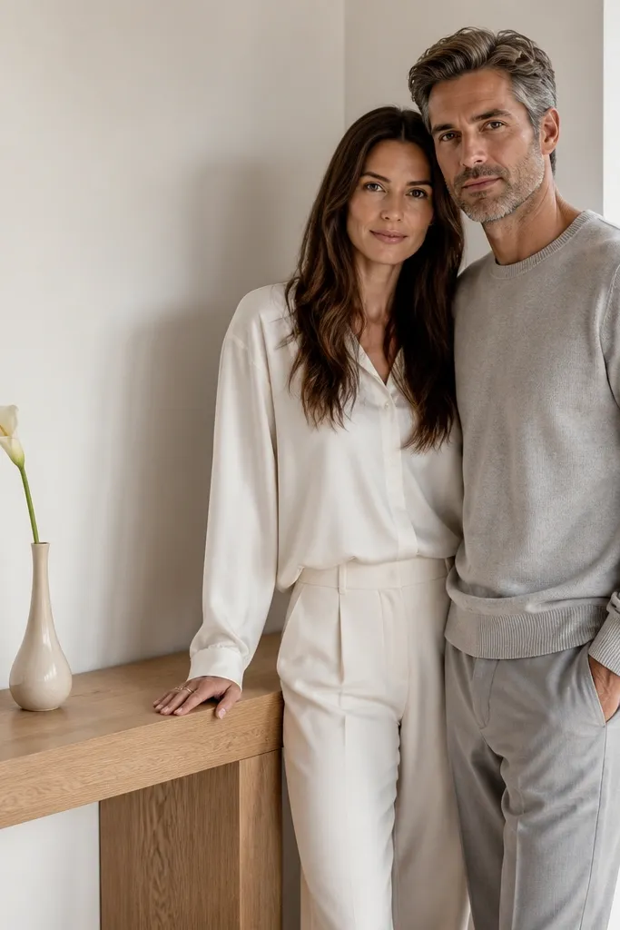 Couple posed beside a simple console table with minimal flowers