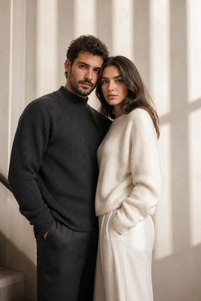 Couple on a staircase landing with soft light stripes on the wall