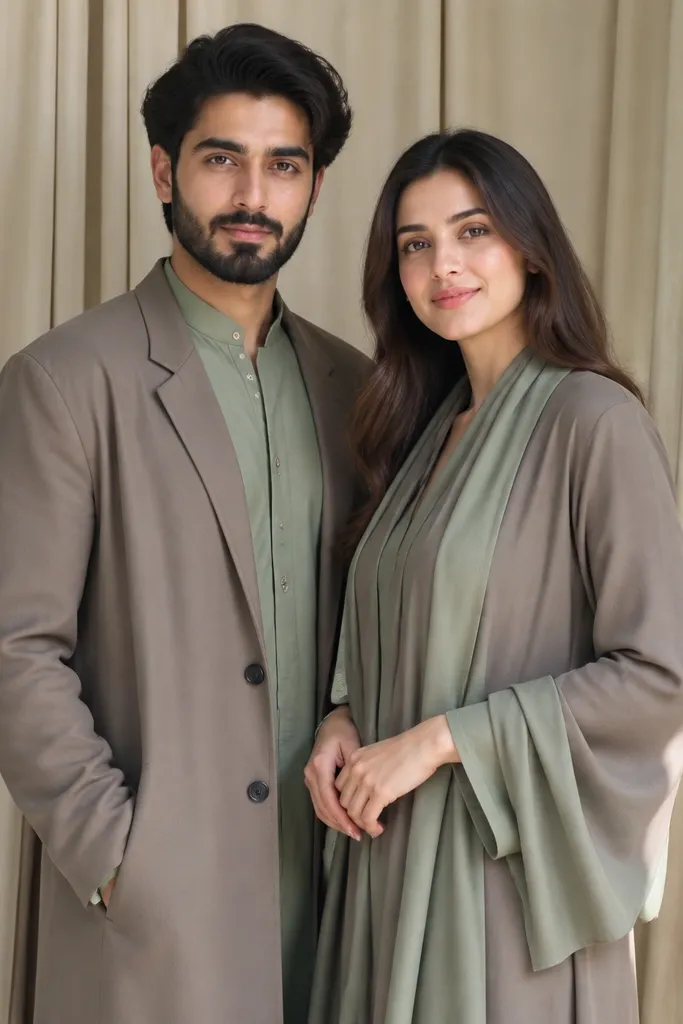 Couple posed in a curtained corner with two-tone outfits