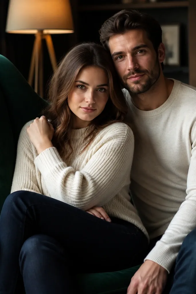 Couple near a velvet chair with side lighting and dark tones